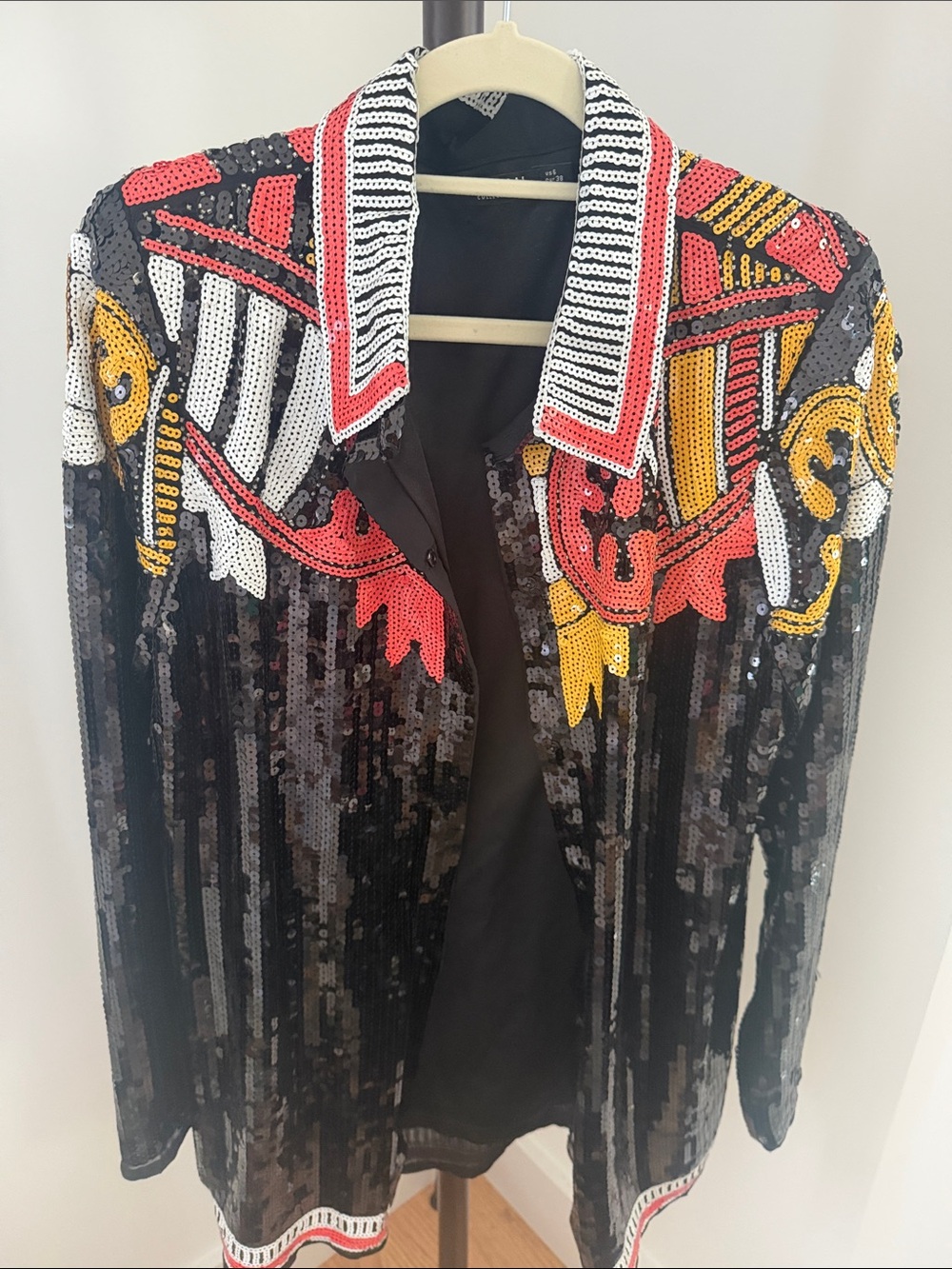 Nasty Gal Black Sequined Blazer with Red, Yellow & White Embroidered Collar